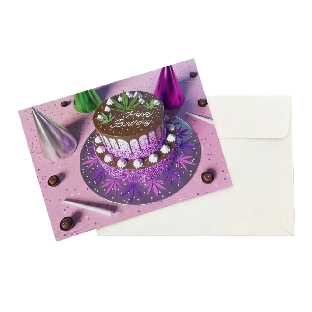 Martian Greetings - Birthday Cake - Pink Greeting Card w/ Envelope